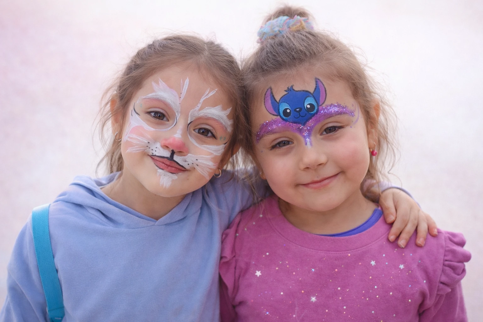 Dos nenas con maquillaje de Stitch y gatita